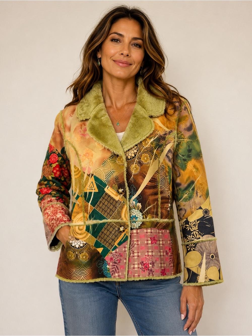 Vintage Lapis faux Suede color block Bohemian Jacket Size Small